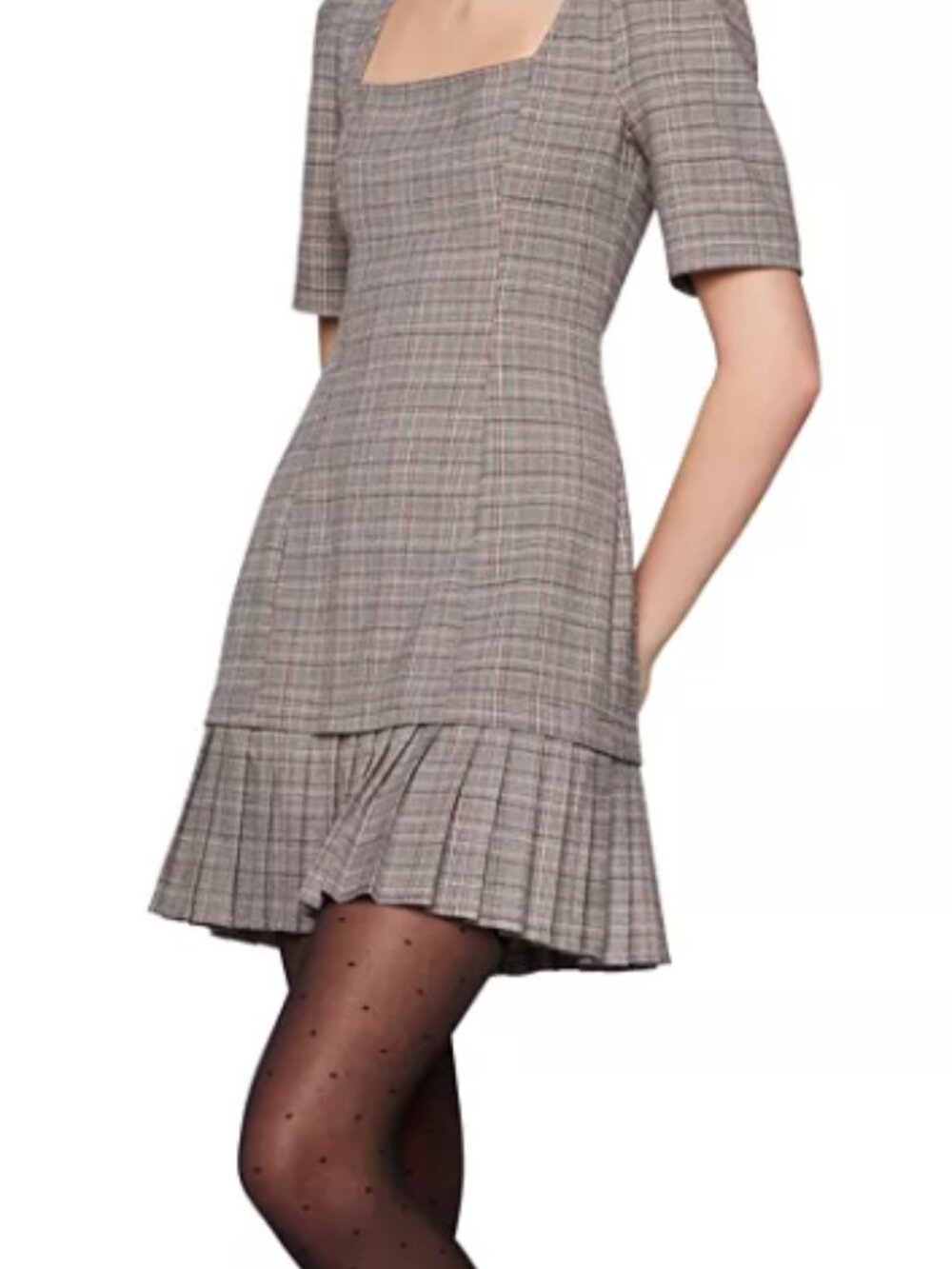 BCBGeneration Plaid Puff Sleeve Square Neck Pleated Ruffle Mini Dress 12 Brown